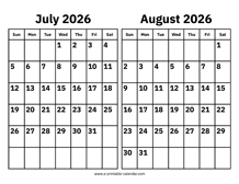 July and August 2026 Calendar