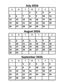 July, August and September 2026 Calendar