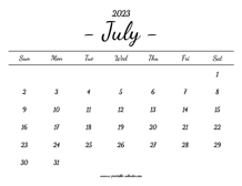 July Calendar 2023 Printable
