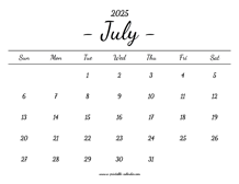 July Calendar 2025 Printable