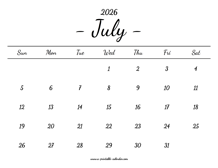 July Calendar 2026 Printable