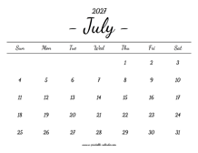 July Calendar 2027 Printable