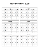 July to December 2019 Calendar