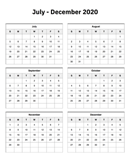 July to December 2020 Calendar