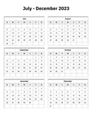 July to December 2023 Calendar