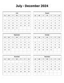 July to December 2024 Calendar