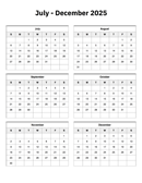 July to December 2025 Calendar