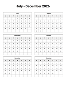 July to December 2026 Calendar