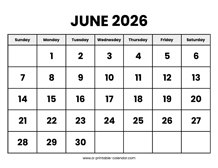 June 2026 Calendar Printable