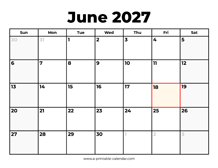 June 2027 Calendar With Holidays