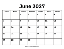 June 2027 Calendar