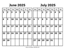 June and July 2025 Calendar