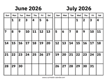 June and July 2026 Calendar