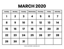 March 2020 Calendar Printable