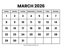 March 2026 Calendar Printable