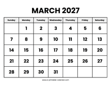 March 2027 Calendar Printable