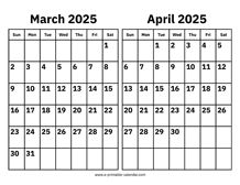 March and April 2025 Calendar
