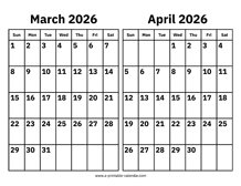 March and April 2026 Calendar