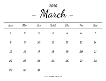 March Calendar 2026 Printable