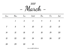 March Calendar 2027 Printable