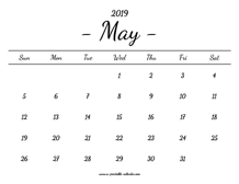 May Calendar 2019 Printable