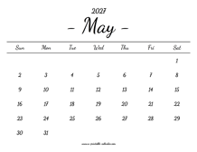 May Calendar 2027 Printable