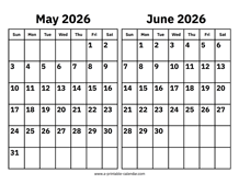 May and June 2026 Calendar