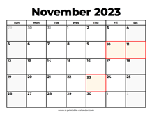 November 2023 Calendar With Holidays