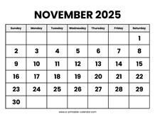 November 2025 Calendar Printable