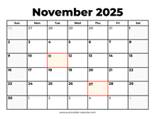 November 2025 Calendar With Holidays