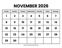 November 2026 Calendar Printable