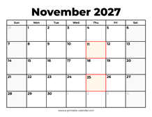 November 2027 Calendar With Holidays