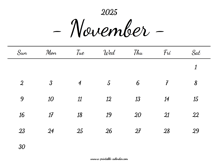 November Calendar 2025 Printable