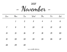 November Calendar 2027 Printable