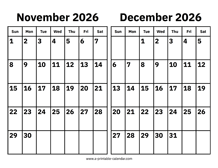 November and December 2026 Calendar
