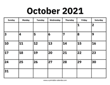 October 2021 Calendar