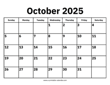 October 2025 Calendar