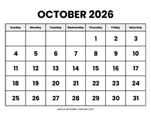 October 2026 Calendar Printable