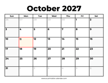October 2027 Calendar With Holidays