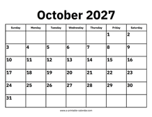 October 2027 Calendar