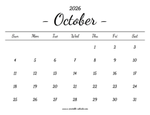 October Calendar 2026 Printable