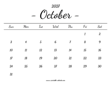 October Calendar 2027 Printable