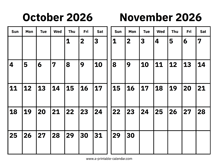 October and November 2026 Calendar