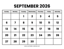 September 2026 Calendar Printable