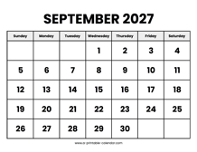 September 2027 Calendar Printable