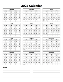 2025 Calendar One Page With Notes