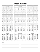 2026 Calendar One Page With Notes