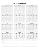 2027 Calendar One Page With Notes